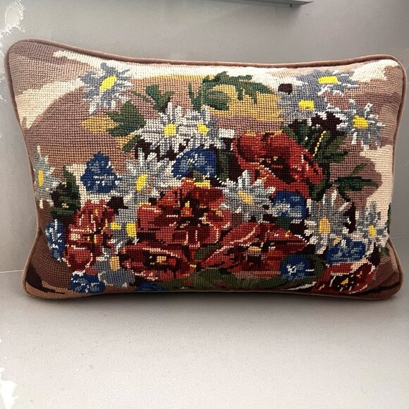 Vintage Needlepoint Pillow Cushion Wool Rectangular Floral Flower Assortment Zip - Picture 1 of 8